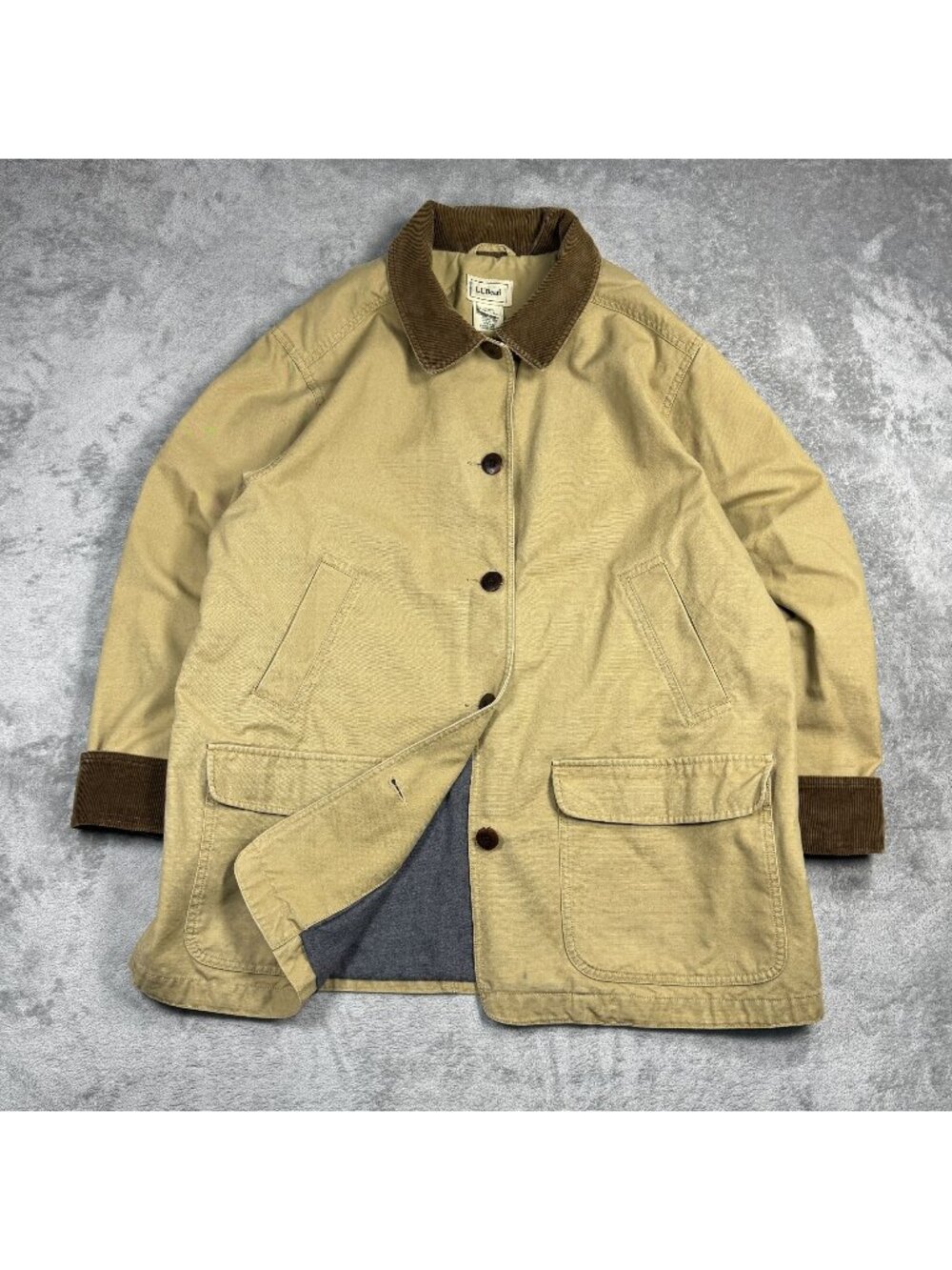 LL Bean Barn Chore Coat Womens XL Tan Corduroy Trim Retro Field Jacket Heritage